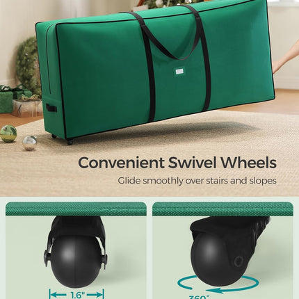 SONGMICS Christmas Tree Storage Bag with 1.6-Inch Wheels, Rolling Storage Bag, up to 9 ft, For Disassembled Holiday Tree, Length-Adjustable Handles, 600D Oxford Fabric, Forest Green URXS004C01