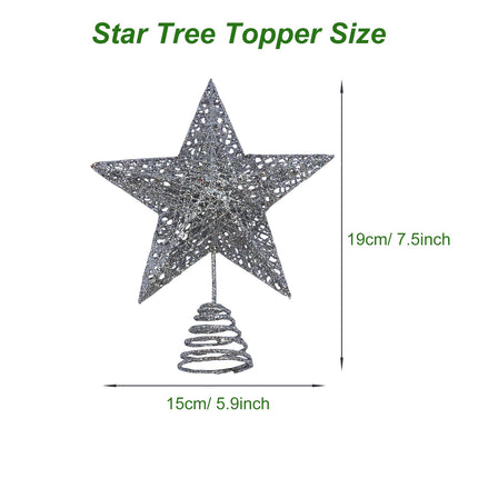 Silver Metal Christmas Tree Topper Glittered Xmas Treetop Hollow Star Topper for Christmas Party Home Decoration