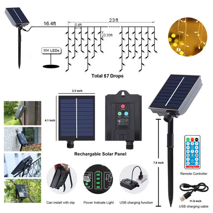 d Solar Christmas Icicle Lights,304 LED Outdoor Christmas Decorations 8 Modes Waterproof Solar Icicle Lights for Patio Yard Garden Wedding Party House Xmas Tree Roof Decorations(Cool White)