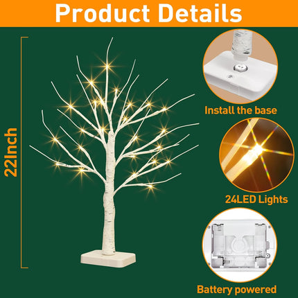 EAMBRITE Birch Tree with LED Lights for Christmas Decorations Indoor, Lighted Tabletop Tree 22 in 24 LED White Twig Battery Operated Mini Small Artificial Trees for Home Table Centerpiece Mantel 4pcs