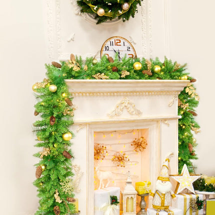 9 FT Prelit Christmas Garland with 100 LED Lights, 8 Modes 3AA Battery Operated Garland Golden Christmas Decoration with Timing Function for Home Fireplace Front Porch Door Display Indoor Outdoor