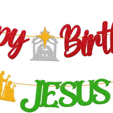 Happy Birthday Jesus Banner for Christian Winter Merry Christmas Garland Jesus's Bday Party Supplies Gold and Green Decorations