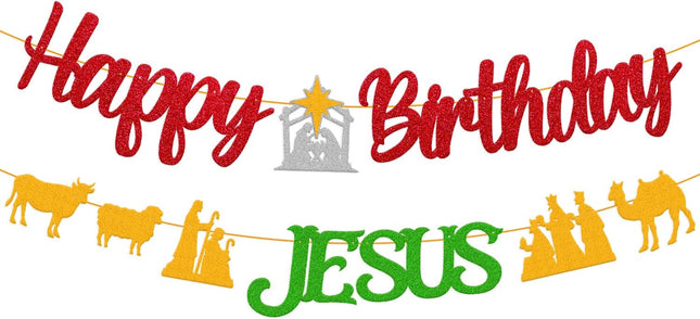 Happy Birthday Jesus Banner for Christian Winter Merry Christmas Garland Jesus's Bday Party Supplies Gold and Green Decorations