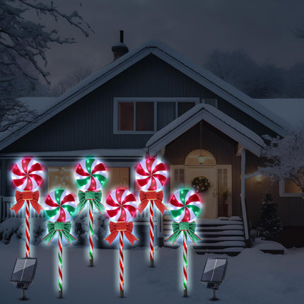 6 Pack 27.5" Christmas Lollipop Pathway Lights with Bows Outdoor Green Red White Solar Lights Christmas LED Decor with 8 Lighting Modes Candy Cane Lollipops Peppermint Stake Lights