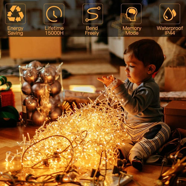Quntis 328ft 500LED Christmas String Lights, Waterproof Outdoor/Indoor Holiday Fairy Lights, 8 Modes Plug-in, Warm White Clear Wire for Xmas, Christmas Tree & Home Decor, Holiday Party Lighting