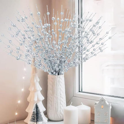 22 Pack Artificial Glitter Berry Stem Ornaments,Silver Christmas Glitter Picks Artificial Berries Stems Ornaments Fake Xmas Stem Decorative Sticks for Vases Tall DIY Wreath Home Decor(Silver)