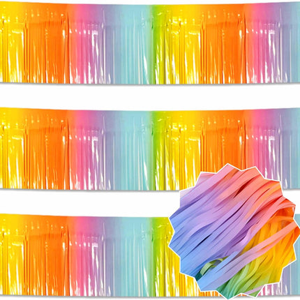 3 Pack 10 Ft Light Rainbow Foil Fringe Garland Metallic Streamers Tinsel Banner Wall Hanging Garland Backdrop for Parade Floats, Halloween, Christmas, Thanksgiving, Year Party Decorations