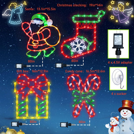 16" Christmas Window Silhouette Lights Decorations - 4 Pack Colour Lighted Santa ＆ Box ＆ Candy Cane ＆ Christmas Stocking for Holiday Indoor and Outdoor Wall Door Window Decorate