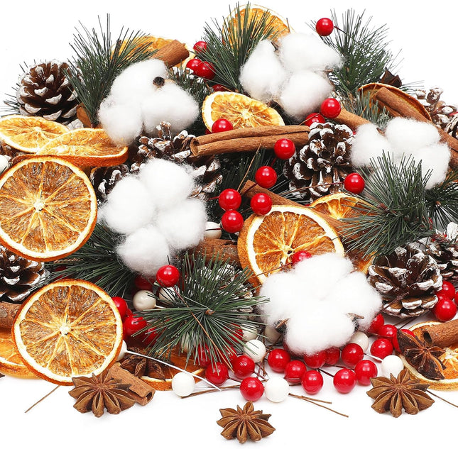 240 Pcs Christmas Pine Cones for Crafts Dried Cotton Balls,Dried Orange Slices and Cinnamon Sticks,Star Anise,Wreath Garland Making for Home Winter Wreath DIY Crafts Decorations Supplies