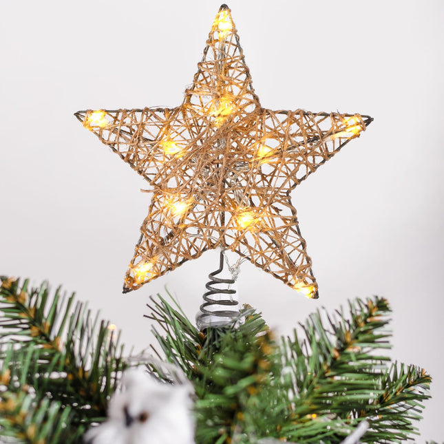 Farmhouse Christmas Tree Star Topper Decorations Light up Christmas Tree Topper with 10 LED Lights for Rustic Xmas Party Ornament Home Decor