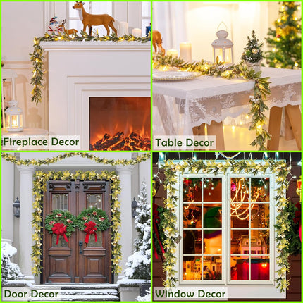 6 FT Lighted Christmas Garland Pre-lit with 20 LED Lights, Battery Operated, Christmas Garland Decorated with Snowflake for Mantle Stairs Wall, Indoor Outdoor Olive Garland for Christmas Decorations