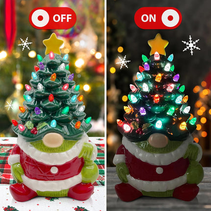 pinata Ceramic Christmas Tree Lighted, Christmas Gnome s for Women Men Kids, Light up Mantle Table Decor Christmas Decorations Indoor Green Gnome Table Centerpieces for Living Room