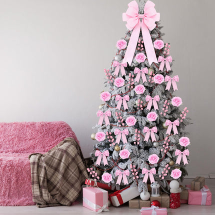 Duraaamo 61 Pcs Rose Christmas Tree Decoration Rose Decorations Set Include Faux Rose Artificial Berries Small Ribbon Bows Big Velvet Topper Bow for Holiday Home Xmas Tree Decor(Coquettish Pink)