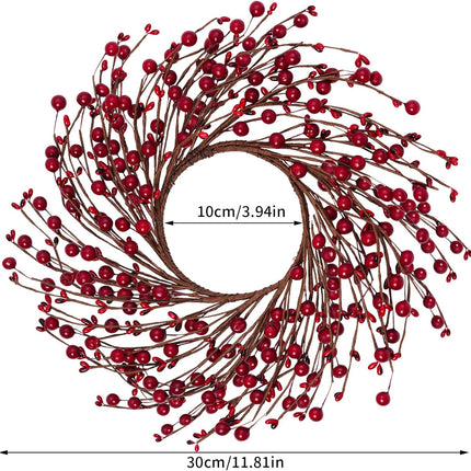 12 Inches Berry Wreath Pip Berries Wreath Winter Artificial Twig Wreath for Festival Celebration Home Farmhouse Front Door Wall Window Home Office Decor Housewarming (Red)