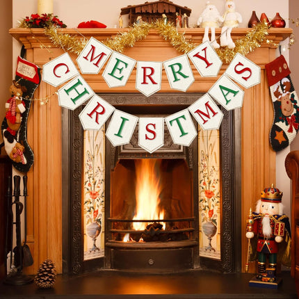 Whaline 2Pcs Christmas Burlap Banner Felt Merry Christmas Banner Red Green White Xmas Bunting Garland Pre-Assembled Celebration Hanging Decorations for Home Party Supplies