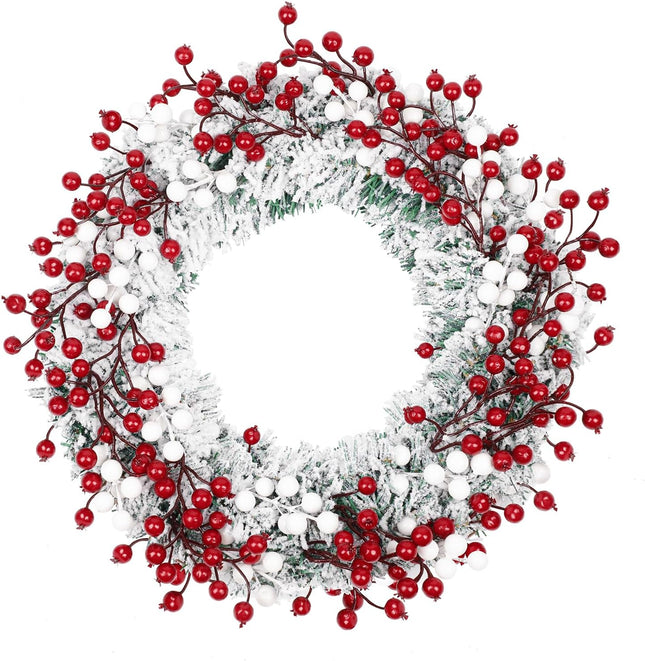 Winter Wreaths for Front Door, Outdoor Christmas Wreath Large White Xmas Reef Decorations with Snow Flocked Pine Red Berry 16" 20 inch Handmade Premium Holiday Indoor Outside Decor