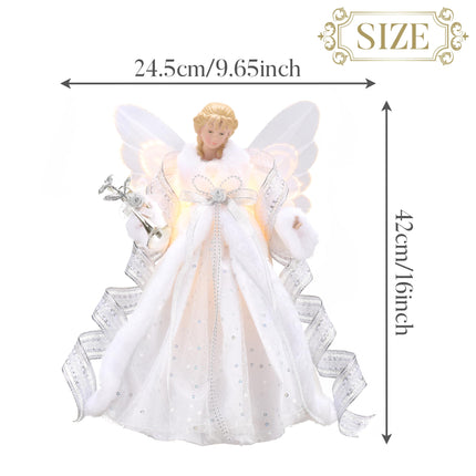 Valery Madelyn Lighted Christmas Tree Topper Angel with Timer, 16 Inch White and Silver Fabric Angel Tree Topper with Lights for Christmas Tree Decoration Indoor, Battery Operated