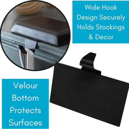 BIRDROCK HOME 4pk Flat Top Holiday Stocking Holder for Mantle | Black Finish with Non-Scratch Base | Fireplace Hook for Christmas Stockings Decor