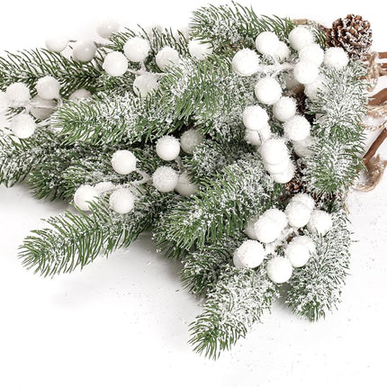 Sggvecsy 6 Pack Snow Frosted Christmas Berries Pine Picks Artificial White Berry Pine Branches Faux Pine Stem with Pine Cones for Xmas Tree Wreath DIY Craft Floral Arrangement Holiday Decor (White)