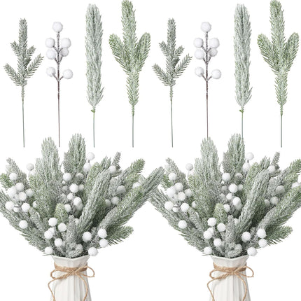 Giegxin 65 Pieces Christmas Snowy Pine Tree Picks Artificial Berry Stems Sprays White Faux Cedar Pine Needles Branches for Holiday Arrangement Wreath DIY Garland Holiday Decor Winter Greenery