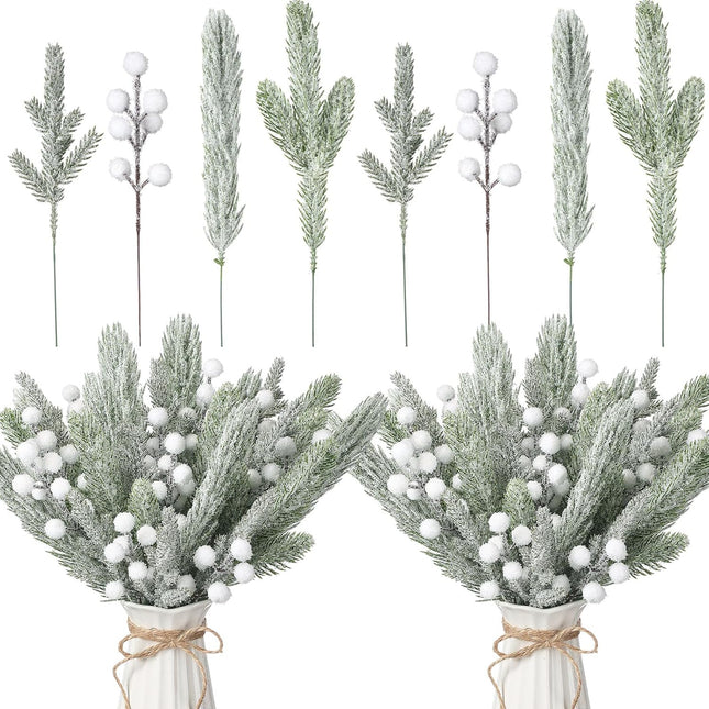 Giegxin 65 Pieces Christmas Snowy Pine Tree Picks Artificial Berry Stems Sprays White Faux Cedar Pine Needles Branches for Holiday Arrangement Wreath DIY Garland Holiday Decor Winter Greenery