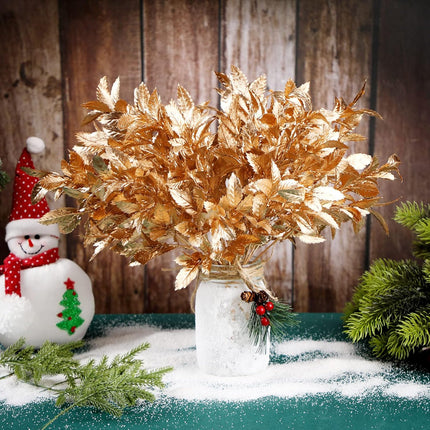 12 Packs Gold Leaves Artificial Plants for Christmas Decoration, Plastic Grass Fake Shrubs Simulation Leaves Golden Flowers Home Indoor Outdoor DIY Planter Vase Filler Garden Wedding Xmas Decoration