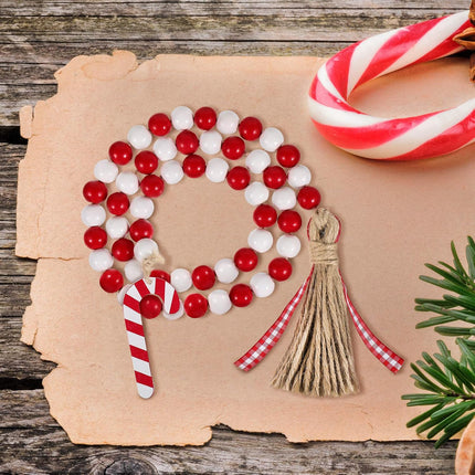 Chuangdi Christmas Wooden Bead Garland Wreath with Tassels 39 INES Decorated with Candy Canes Wood Bead Garland for Christmas Tree Tiered Tray Decor Home Farmhouse Wall Hanging Ornaments(Red White)