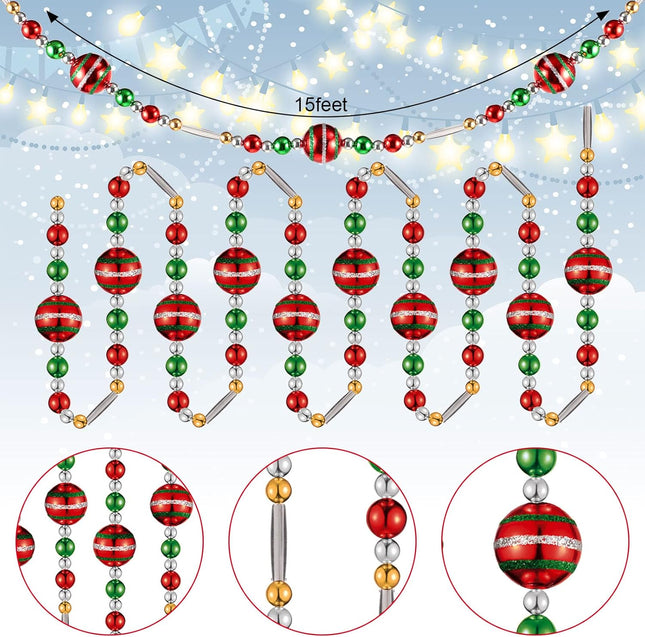 15 Feet Christmas Tree Garlands Glitter Multicolor Balls Garland Peppermint Candy Bead Garland Red Green Silver Gold Hanging Beads Garland for Fireplace Christmas Tree Decorations (Classic Style)