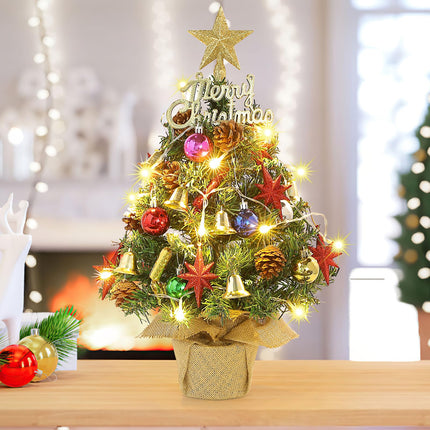 Tabletop Christmas Tree 21.65 Inch Mini Artificial Christmas Tree with 20 LED String Lights, Star Tree, Pine Cones Ornaments, Small Xmas Tree for Holiday Indoor DIY Christmas Decor