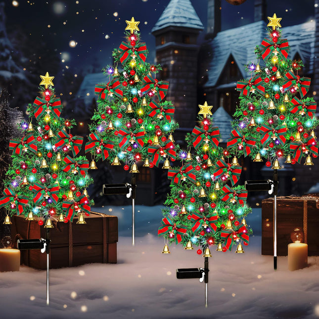 Poen 4 Pieces Solar Christmas Tree Lights with 80 LEDs Waterproof Solar Decorative Stake Lights for Garden Yard Pathway Lawn Patio Christmas Outdoor Decorations Xmas Ornaments (Classic Style)