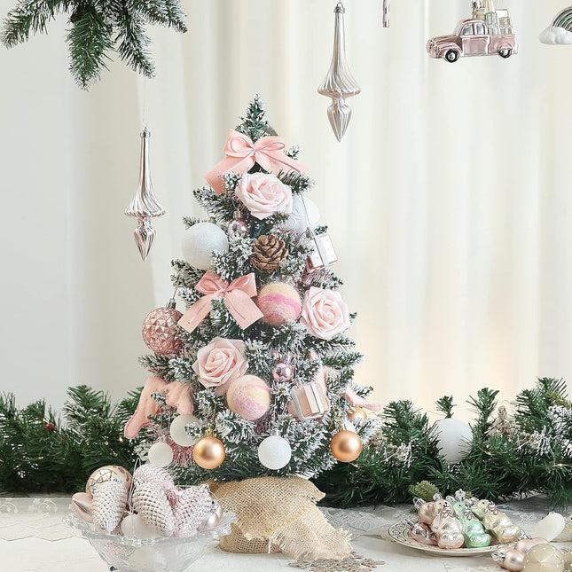 WBHome 1.8 Feet Pre-lit & Pre-Decorated Tabletop Christmas Tree, Rose Gold Ornament Decorations with Pine Cones, Snow Flocked Mini Christmas Tree with Lights, 35 Bulbs (1.8FT)
