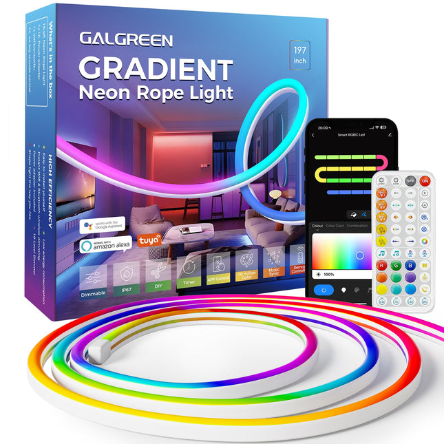 RGB+IC Neon Rope Lights, 16.4ft WiFi Gradient LED Strip Lights with Remote, Music Sync, Waterproof Flexible Smart Led Lights for Bedroom, Works with Alexa, Indoor Outdoor Christmas Decor