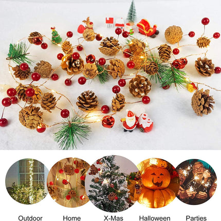 Christmas Garland with Lights 10FT 30LED Red Berry Pine Cone Garland Lights Battery Operated, LED Garland String Lights, Xmas Christmas Decorations for Fireplace Mantel Decor