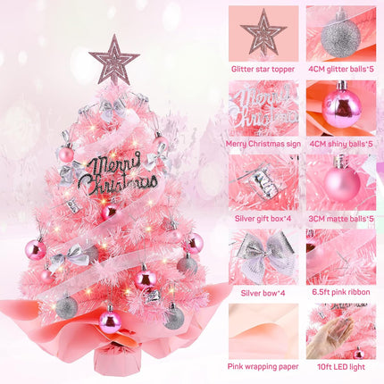 Mini Christmas Tree, Small Christmas Tree Prelit, 24" Table top Christmas Tree with Decorations, Little Christmas Tree for Desk Table Bedroom Kids Room, Small Xmas Tree Christmas Desk Decorations