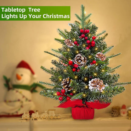 24 Inch Tabletop Christmas Tree,Realistic-Feel PE Norfolk Pine Frosted Mini Small Christmas Tree with Timer 30 LED Warm Lights Red Berry Pincone Cloth Base Cedar Artificial Xmas Tree Home Indoor Table