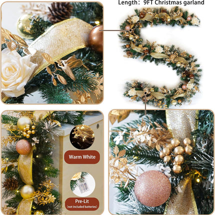 9FT Christmas Garland with Lights (Pre-Lit), Soomeir Artificial Christmas Decorations Decor, Champagne, Pine Cones, Ribbon, 80 Lights with Timer, for Indoor Outdoor Xmas Snow (Gold)