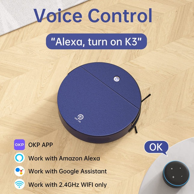 Okp K3 Robot Vacuum Cleaner Selfcharging Robotic Vacuum Cleaner With 2000Pa Strong Suction Voice Control For Hardfloor And Carpet,Blue