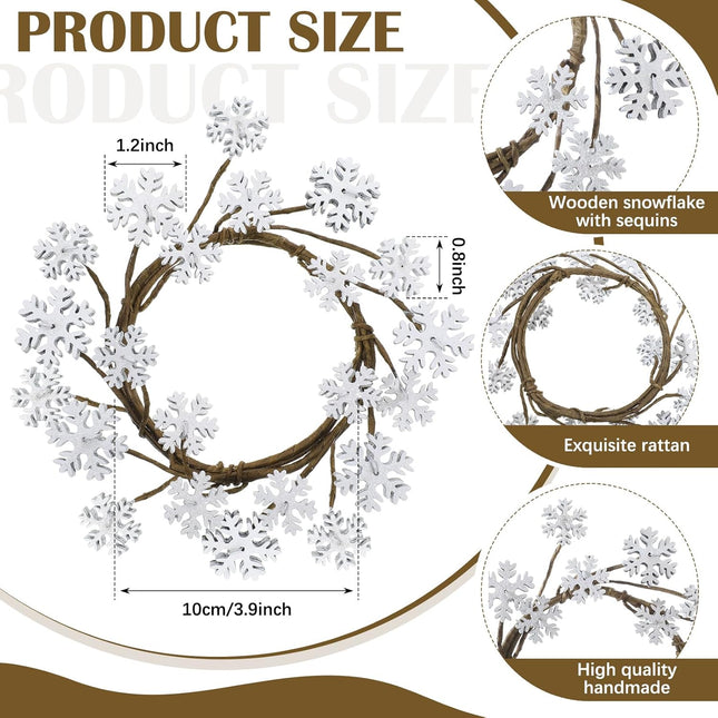 2 Pcs Christmas Candle Rings Snowflake Candle Wreath Glitter Vintage Wood Candle Wreaths for Pillar Candles 3.9 Inch Frosty Candles Holder for Christmas Winter Rustic Table Centerpiece Decor