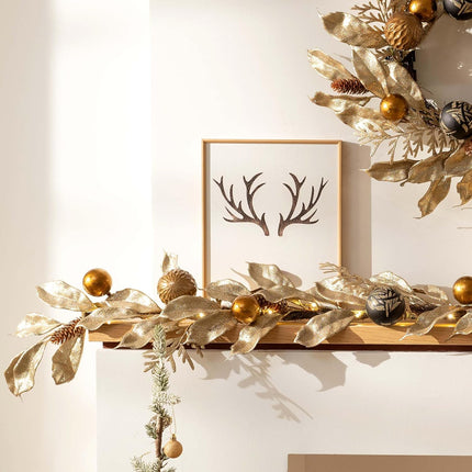 Decorbyhannah Christmas Garland with Lights, 6ft Prelit Christmas Garland Decorations with Gold Leaves Ornaments, Battery Operated Christmas Garland Indoor for Mantle, Stairs(Luxury Gold & Black)