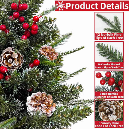 2 Pack 24 Inch Small Christmas Tree with Lights Frosted Thick PE PVC Realistic-Feel Cedar Norfolk Pine Artificial Mini Tabletop Christmas Trees Berries Pinecone Timer Christmas Decoration Indoor Home