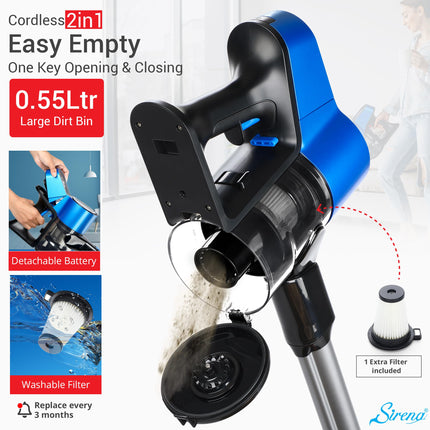 Sirena Proflex Petvac 2In1 Cordless Stick Vacuum Cleaner With Motorized Pet Brush For Pet Hair Removal, Multisurface Cleaning, And Portable Convenience