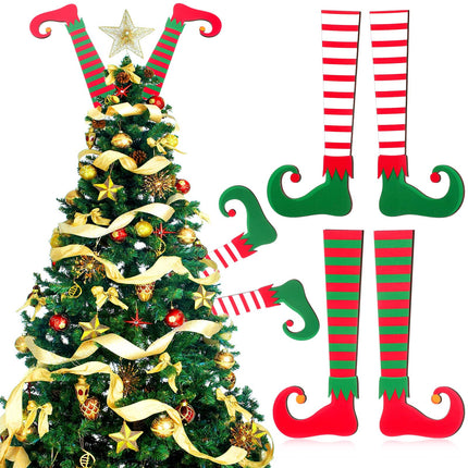 Thyle 4 Pcs Large Christmas Elf Legs Tree Ornaments 15 Inch Wood Stripe Elf Legs Wooden Elf Legs Christmas Topper Decorations Double Printed Xmas Tree Elf Feet Decorations for Holiday Party