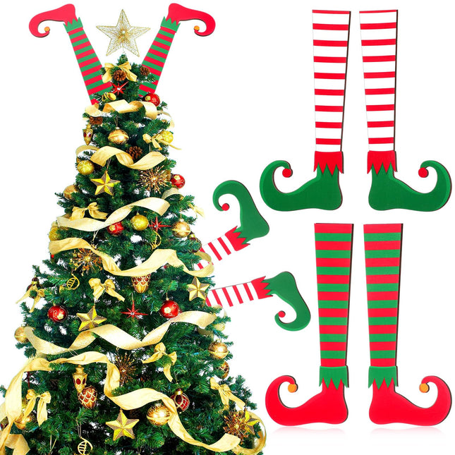 Thyle 4 Pcs Large Christmas Elf Legs Tree Ornaments 15 Inch Wood Stripe Elf Legs Wooden Elf Legs Christmas Topper Decorations Double Printed Xmas Tree Elf Feet Decorations for Holiday Party