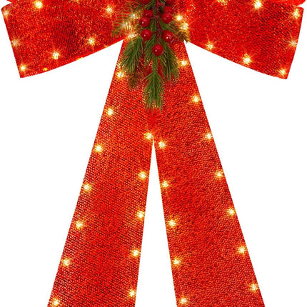 LED Red Bows Christmas Decorations, 16'' x 24'' Christmas Bows for Wreaths with Timer, Tree Topper Bow with Realistic Red Berries Pine Cone Needles for Christmas, Party, Home Decoration
