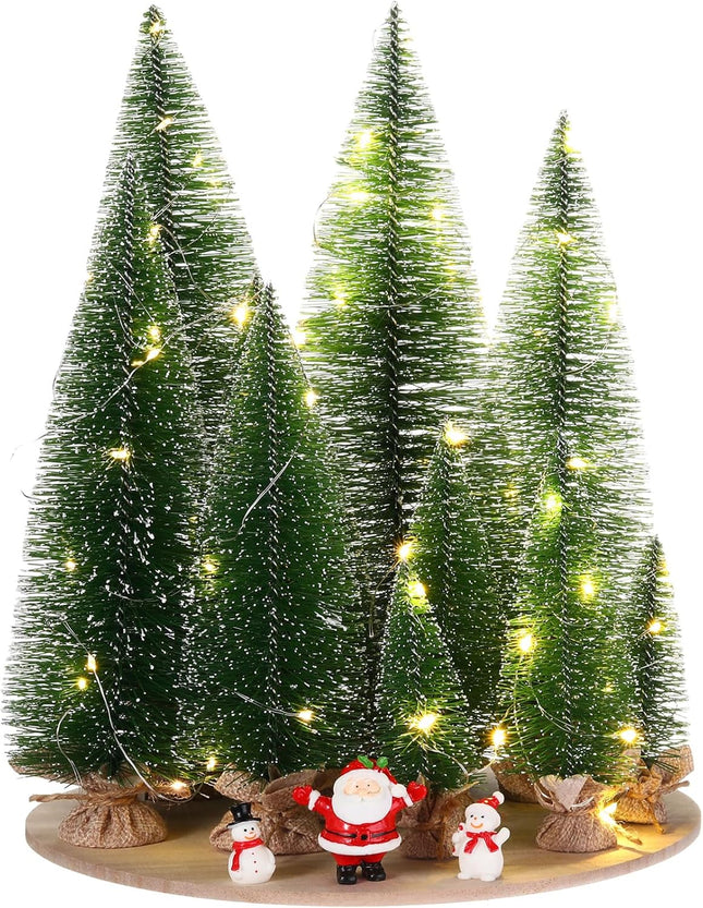 10 Pcs Artificial Mini Christmas Trees 5 Size Bottle Brush Pine Trees Christmas Village Decorations with Santa Snowmen Ornament and LED Light String for DIY Craft Tabletop Desk Display