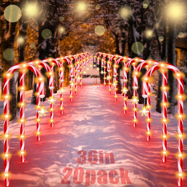 20 Pack 36" Candy Cane Lights Outdoor Pathway Real 30" Tall Candy Cane Pathway Lights, 62FT Christmas Decorations Outside, 8 Falshing Modes Christmas Candy Cane Lights, 30V Warm LED Lights Snowflake