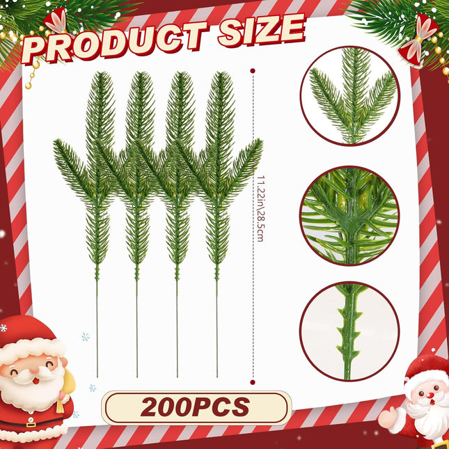 200 Pcs Artificial Pine Branches Christmas Greenery Plants Pine Needles DIY Cedar Picks and Sprays Accessories Artificial Pine Needles Leaves for Christmas Garland Wreath Craft and Home Decor