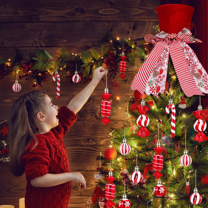 Liliful 25 Pcs Christmas Tree Topper Decor Set Christmas Candy Canes Tree Topper Red Hat with Peppermint Striped Bow Ribbon and Lollipop Hanging Balls for Holiday Christmas Party Tree Decor