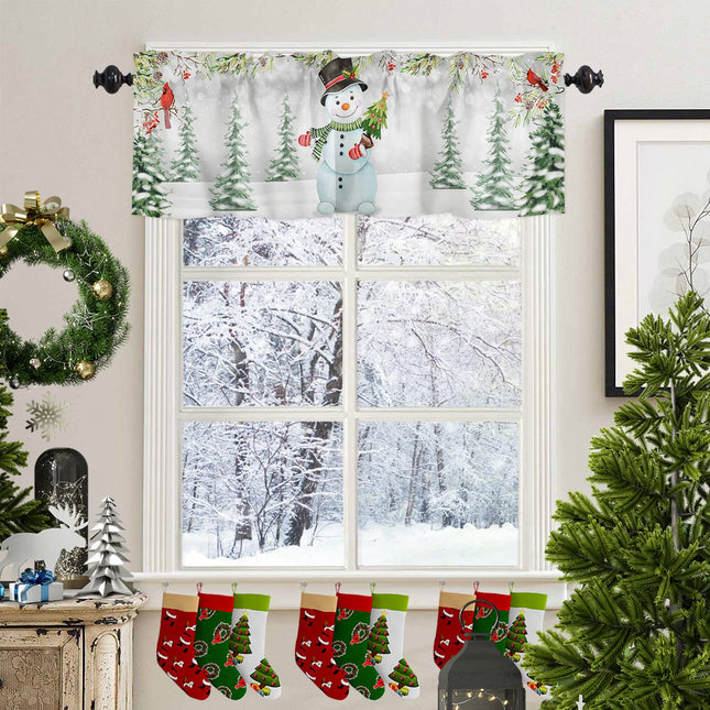 Christmas Snowman Valances Windows Curtain Red Cardinal Bird Christmas Tree Kitchen Curtains Valances Rod Pocket Short Topper Curtains for Winter Holiday Christmas Decorations 1 Panel,54 by 18 inches