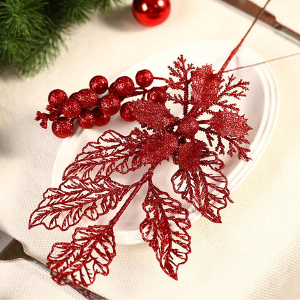 24 Pcs Artificial Glitter Christmas Tree Picks, Boxed 12 Poinsettia Flowers+ 6 Berry Stems+ 6 Flowers Berry Leaves Decorations Set, Indoor Outdoor Holiday Ornaments Decor, Red